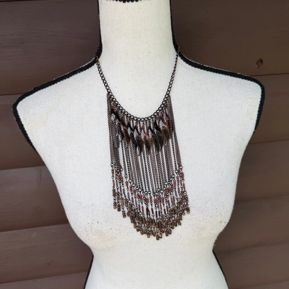 Whimsigoth Gunmetal Leaf Statement Necklace Earthy Boho Fringe Bib